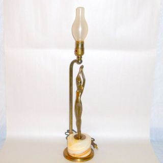 Antique 1930 France Art Deco 24 " Bronzed Nude Lamp Onyx Block Base