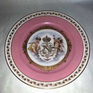 Chateau Des Tuileries King Louis Cherubs Hand Painted Signed Monogram Plate Pink