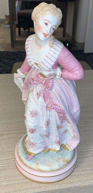 Antique Large Vion Baury Porcelain Figurine Of Lady In Pink Dress