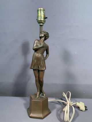 Antique ART DECO Era BRONZED Spelter SEMI NUDE LADY STATUE Old BOUDOIR LAMP 2