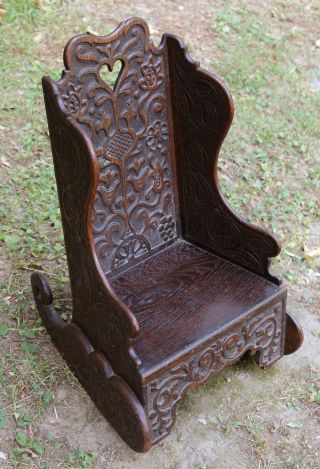 19thc Antique English Hand Carved Folk Art Oak Swans,  Childs Rocking Chair