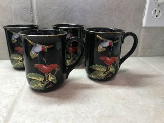 Set 4 Otagiri Hummingbird Hibiscus Coffee Mug Cup Black With Gold Rim Japan Euc