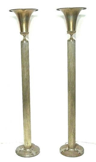 Pair Early 20th Century Classical Regency Tall Brass Urn Top Torchiere Lights