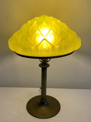 Vintage Electric Table Lamp Heavy Brass Yellow Sunflower Art Nouveau Glass Shade