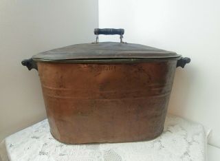 Antique Vtg Huge Copper Boiler W/lid Wash Tub Wood Handles Embossed Rochester