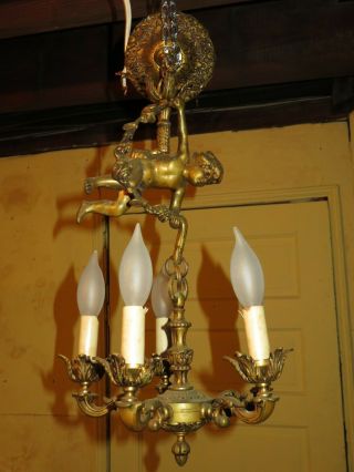 Antique/vintage Solid Brass Cherub Figural Five Light Chandelier