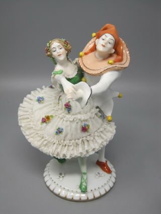 Rare Antique Dresden Lace German Porcelain Courts Jester & Princess Dancing 10 "