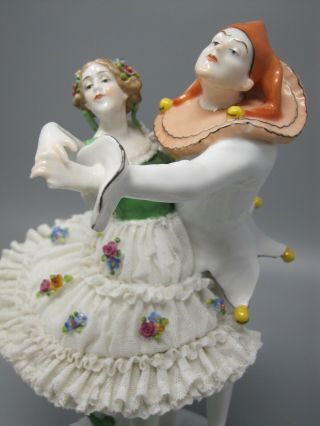 Rare Antique Dresden Lace German Porcelain Courts Jester & Princess dancing 10 