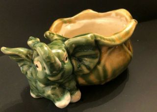Vintage Glazed Pottery Green Elephant " Trunks Up " Planter