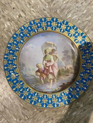 Antique Sevres Style Jeweled Blue Hand Painted Porcelain Plate -