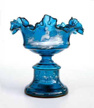 19th C.  Antique Victorian Bohemian Glass Mary Gregory Footed Centerp