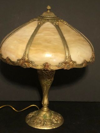 Antique 8 Panel Royal Co Ny Caramel Bent Slag Glass Lamp Arts Crafts Heavy Base