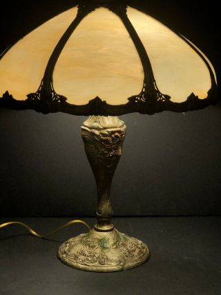 Antique 8 Panel Royal Co NY Caramel Bent Slag Glass Lamp Arts Crafts HEAVY base 2