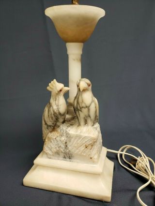 Rare Antique French Art Deco Alabaster Marble Lamp With 2 Cockatiel Parrot Birds
