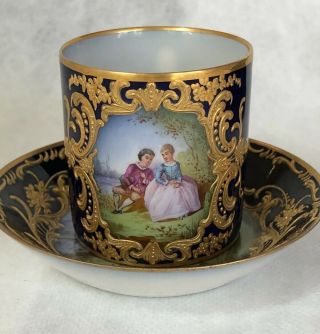 Antique Sevres Style French Handpainted Demitasse Mini Teacup Saucer Raised Gold