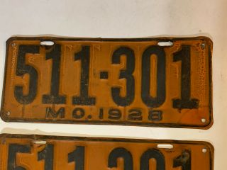 Vintage Antique 1928 Matched Pair Missouri License Plates Set 511 - 301 2