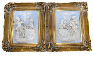 Pair Antique Meissen Porcelain Plaques Of A Colonial Couple In Bold Relief