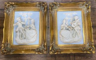 PAIR ANTIQUE MEISSEN PORCELAIN PLAQUES OF A COLONIAL COUPLE IN BOLD RELIEF 2