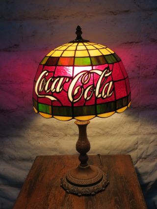Vintage Coca Cola Leaded Stained Glass Lamp Tiffany Style W/ Real Glass