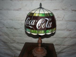 Vintage Coca Cola Leaded Stained Glass Lamp Tiffany Style w/ Real Glass 2