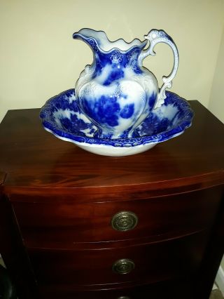 Gorgeous Rare Flow Blue Johnson Bros.  Vienna Chamber Pitcher And Wash Basin