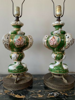 Vintage Capodimonte Porcelain Hand Painted Vase Lamps / Table Lamps