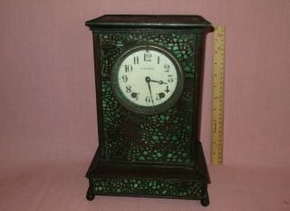 Antique Tiffany Studios York Bronze Slag Glass Pine Needle Desk Table Clock