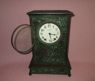 Antique Tiffany Studios York Bronze Slag Glass Pine Needle Desk Table Clock 2