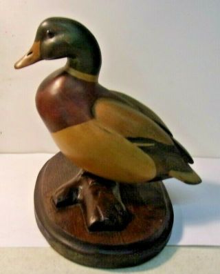 Tom Taber John Fairfield Carved Duck Decoy On Wood Base Mallard Drake Duck