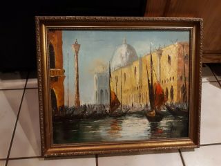 Vintage Mid Century Modern Framed Signed Oil On Canvas Cathedral Canal Painting