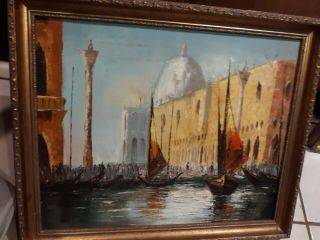 Vintage Mid Century Modern Framed Signed Oil on Canvas Cathedral Canal Painting 2