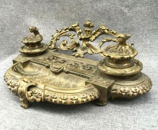 Big Antique French Empire Style Inkwell Made Of Bronze 19th Century Lion Eagle