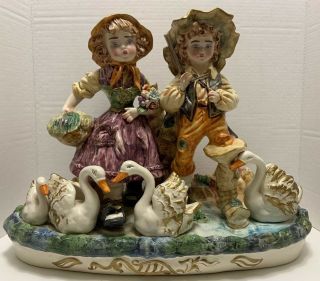 Capodimonte Boy & Girl With Swans Large Bisque Figural Grouping Vintage Italian