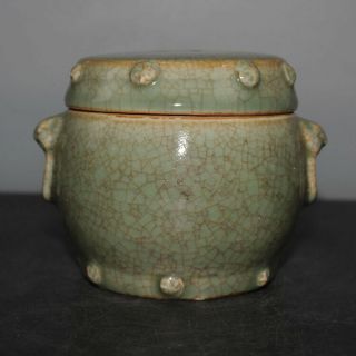Chinese Old Longquan Kiln Celadon Crackle Glaze Lion - Ear Porcelain Lid Jar