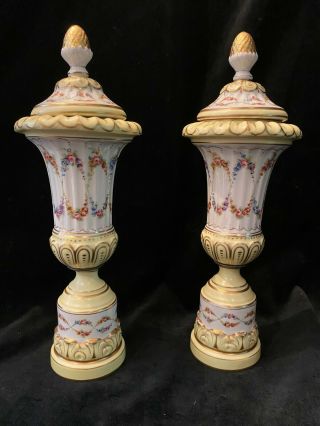 Pair " Old Paris " Porcelain Covered Urns With Hand Painted Floral Decoration