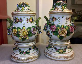 French Flower Encrusted Porcelain 10.  5 " Lidded Urn On Stand (2) France C.  1910 - 30