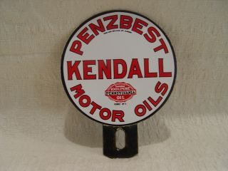 Vintage Penzbest Kendall Motor Oil 2 Piece Porcelain License Plate Topper