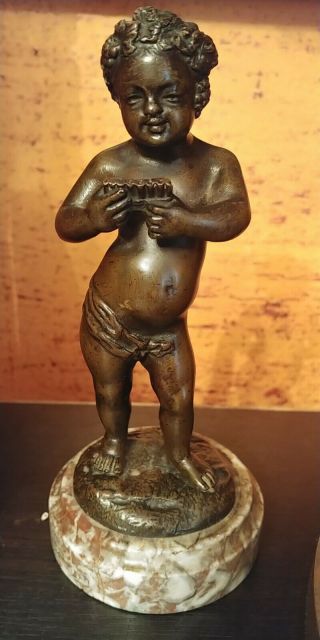 Antique French Bronze Clodion Of Cupid On Marble Base 7 1/4 Inches High