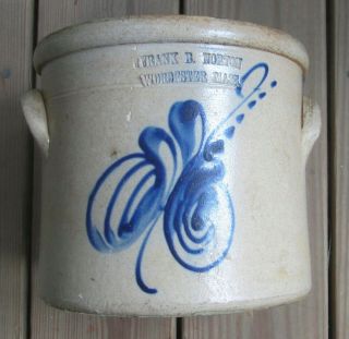 Frank B.  Norton Worcester Mass Stoneware Crock W/ Blue Floral Design C 1848 - 1894