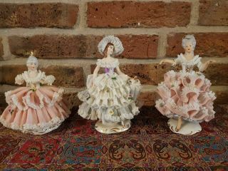 Large Size Set Of 3 Antique Dresden Lace Figurine - Dancing Woman