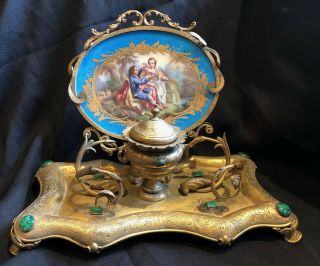 Antique French Sevres Handpainted Porcelain & Ormolu Bronze Desk Standish