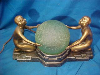 1920s Art Deco Era 2 Nude Women Kneeling Accent Lamp W Green Glass Globe