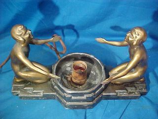 1920s ART DECO Era 2 NUDE WOMEN Kneeling ACCENT LAMP w GREEN GLASS GLOBE 3