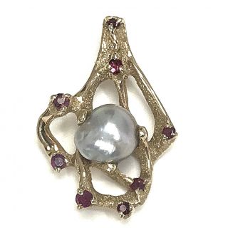 Vintage 14k Gold Pendant River Pearl With Rubies Freeform Style 9 Grams
