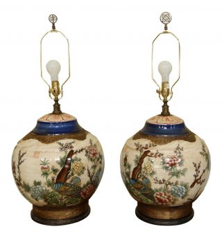 F48963ec: Pair Large Chinese Porcelain Table Lamps W.  Bronze Trim