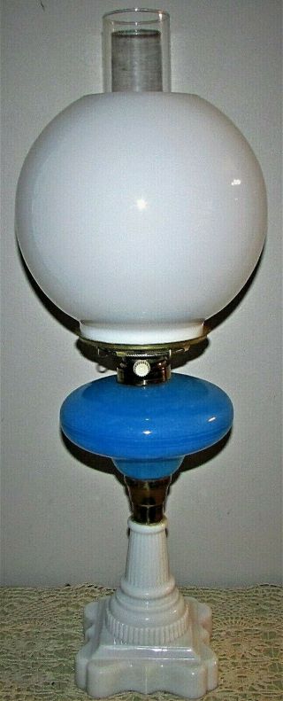 Antique Opaline Blue Glass Gwtw Oil Lamp Electrified W/ White Ball Shade & Base