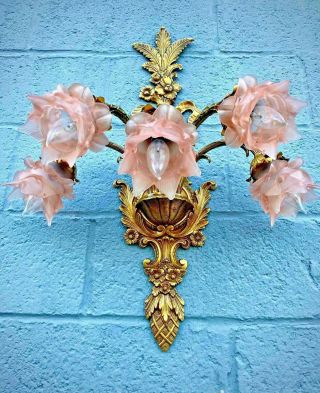 Vintage Large Solid Brass Wall Sconce Five Arms Flower Shades 30  X 22  X 12