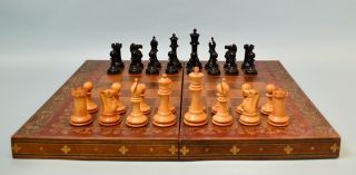 Large Antique F.  H.  Ayres Ebony Staunton Chess Set 4.  0 & Moroccan Leather Board