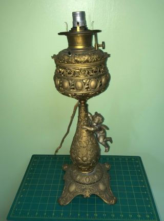 Antique B & H Bradley Hubbard Cherub Figure Oil Lamp Electric Conversion