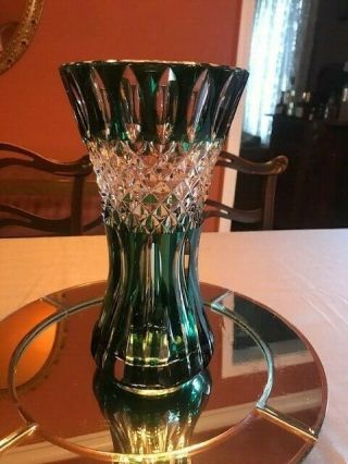 Val St.  Lambert Green Crystal Clear Cut Vase Belgium Art Deco 10 " Tall